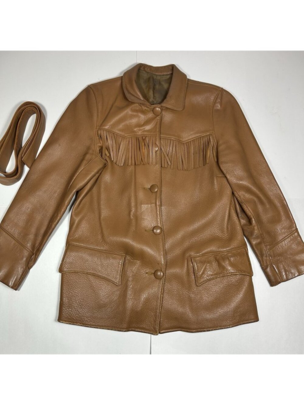 VTG 70s Women Brown Fringe Soft Leather Jacket Belted Lined Sz M ? Flaw Read - Picture 5 of 16